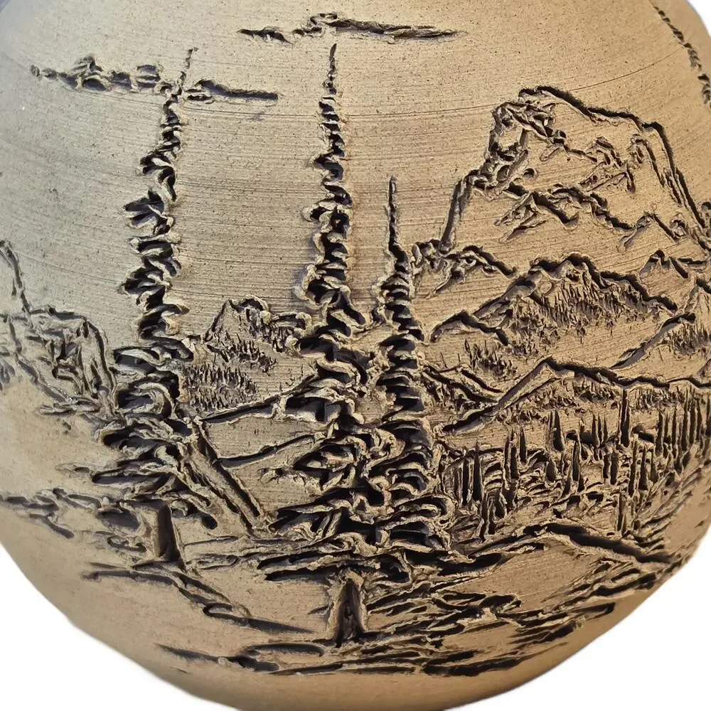 Vintage Wray Kay Sheen Frantic Art Studio Pottery Carved Landscape Tree Vase